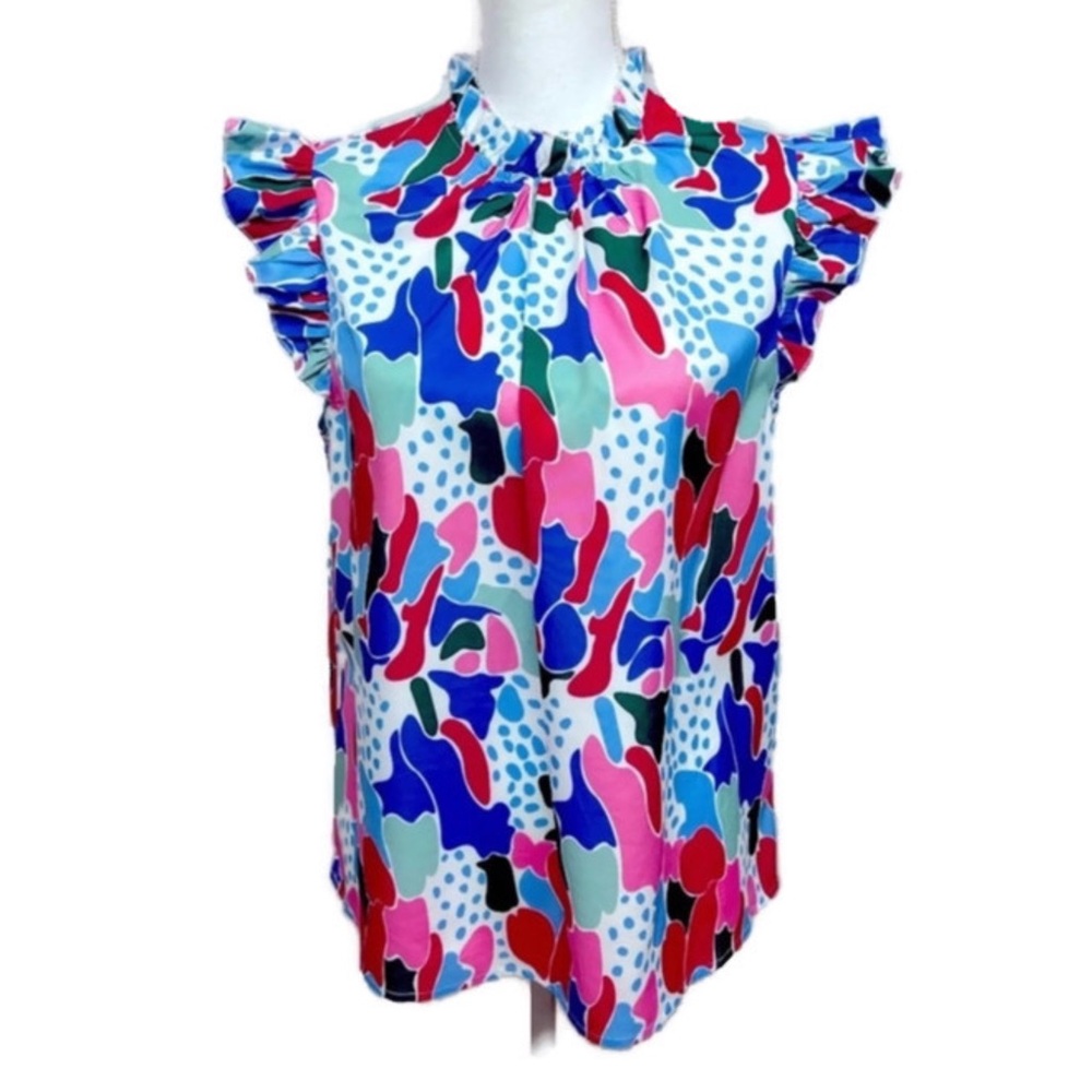 EMORY ROSE Pastel Print Ruffle Sleeveless Blouse Size L
